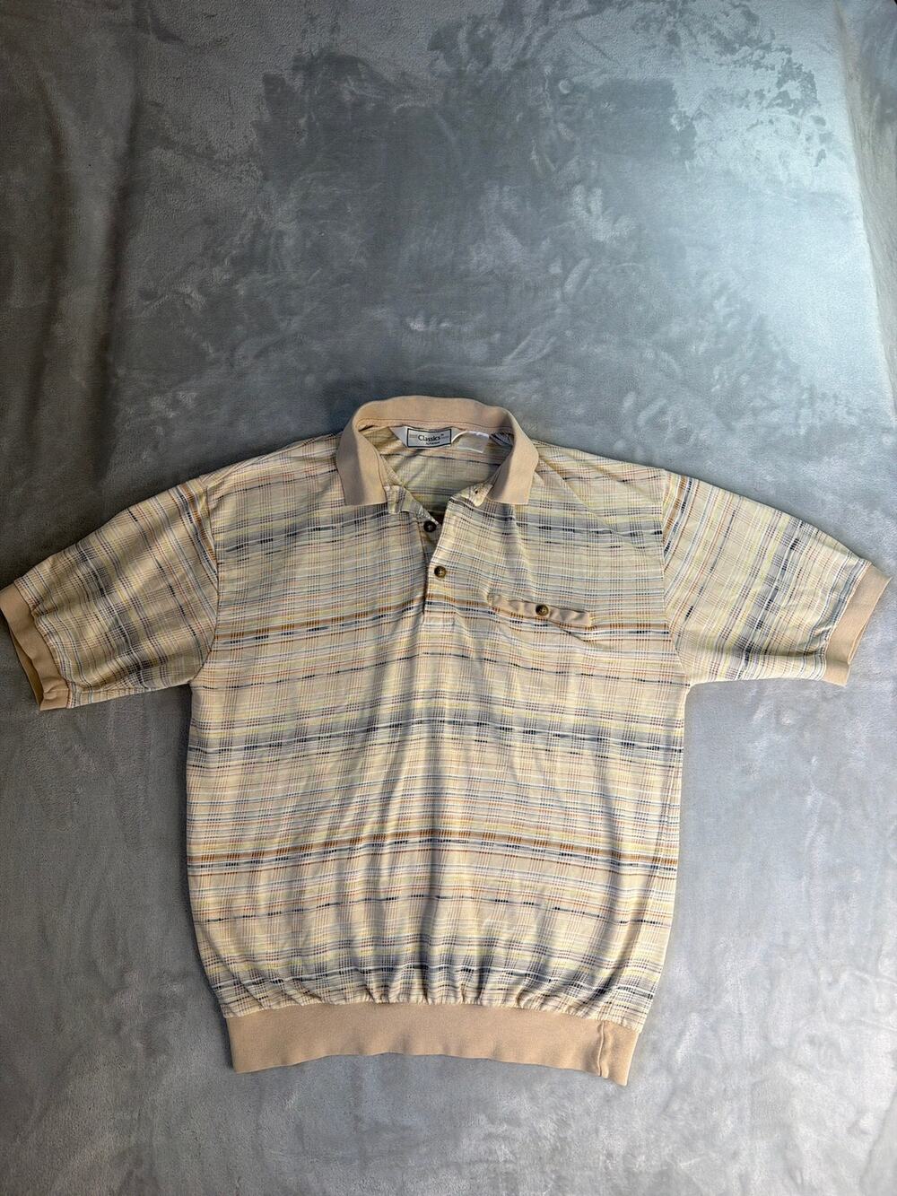 Vintage Palmland Knit Polo Shirt Mens Large Cream Tan Striped Banded Bottom Casu